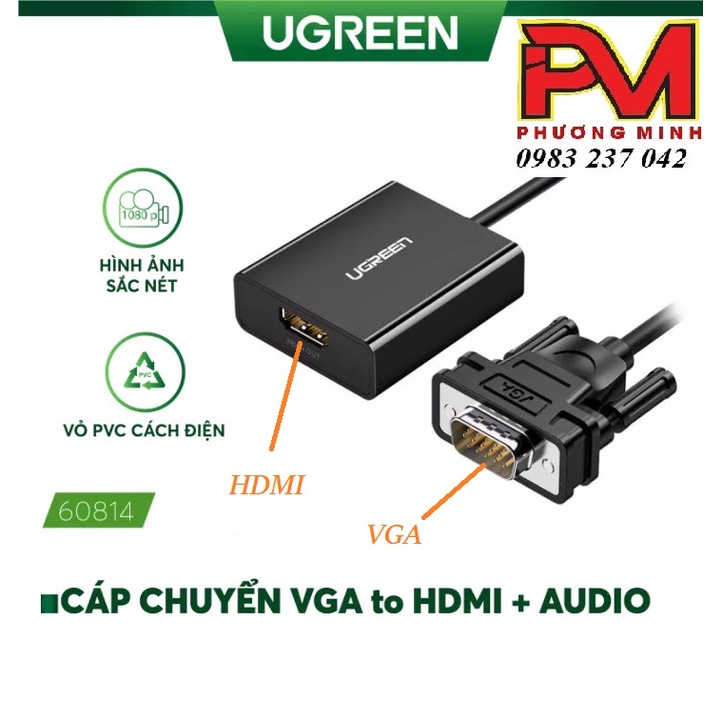 Cáp Chuyển VGA sang HDMI + Audio 3.5mm Ugreen 50945 / 60814/ JASOZ G115 T-G119 - Hàng chính hãng bảo hành 18 tháng