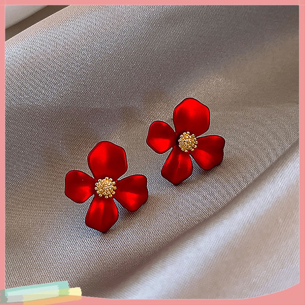 1 Đôi Bông Tai Hình Hoa Bốn Cánh Màu Đỏ Ngọt Ngào Dành Cho Nữ