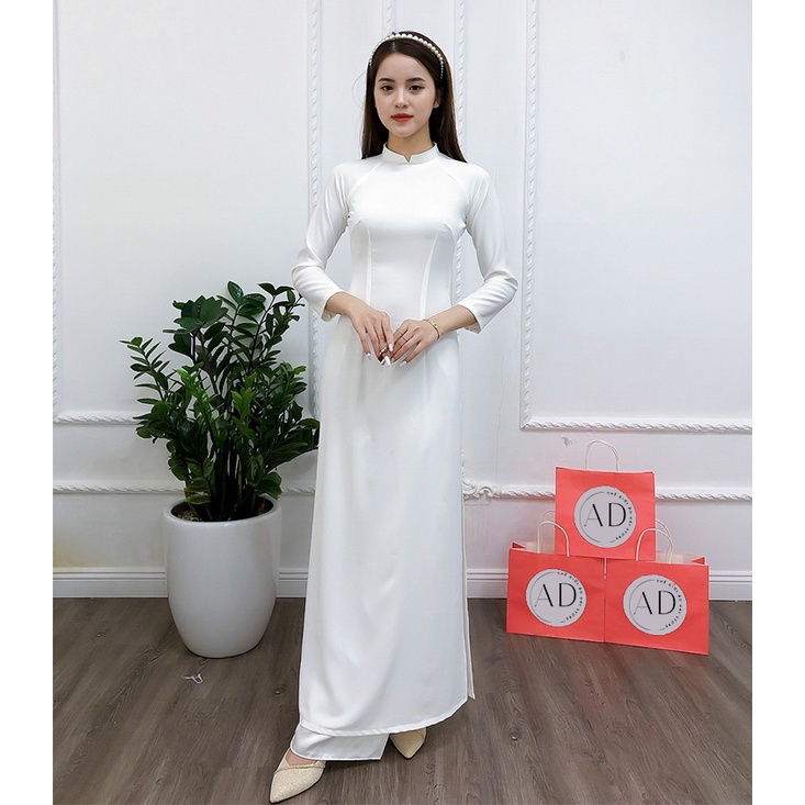 Áo dài nữ trắng trơn may sẵn cổ cao 2cm đủ size, chụp ảnh kỷ yếu học sinh cấp 3 đi học, vải lụa tây thi co giãn