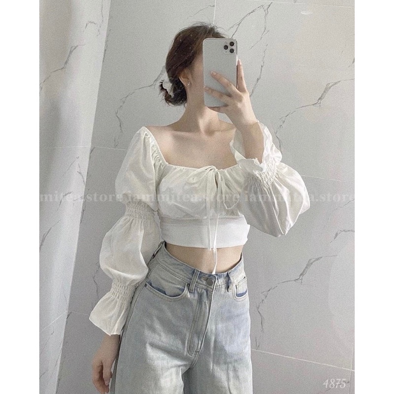 Áo croptop cổ V cột dây tay dài bồng