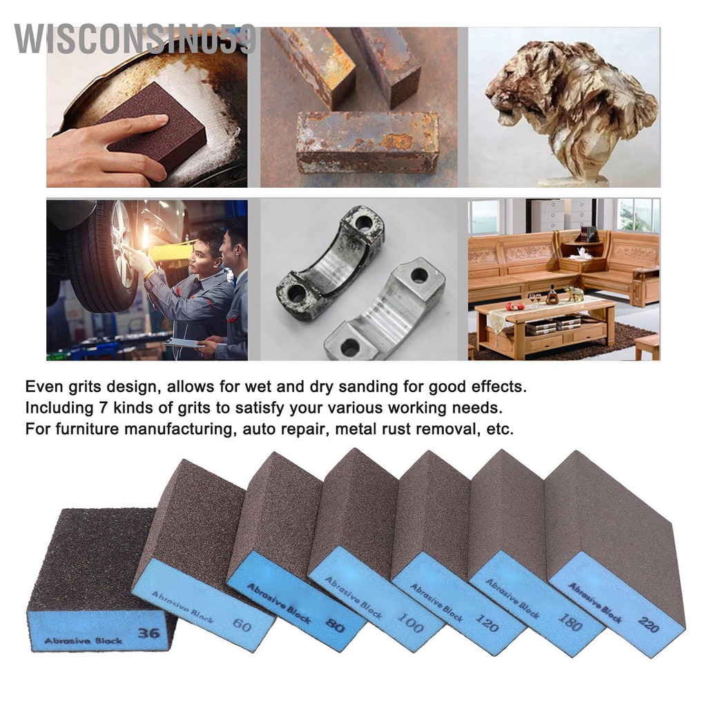 7 cái Bọt biển chà nhám 36 60 80 100 120 180 220 Grits Bộ dụng cụ tạo khối Sander khô ướt 【Wisconsin059】