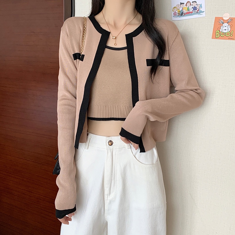 IELGY  Áo Khoác cardigan Dệt Kim Hai Mảnh Màu Sắc Tương Phản Thời Trang Dành Cho Nữ