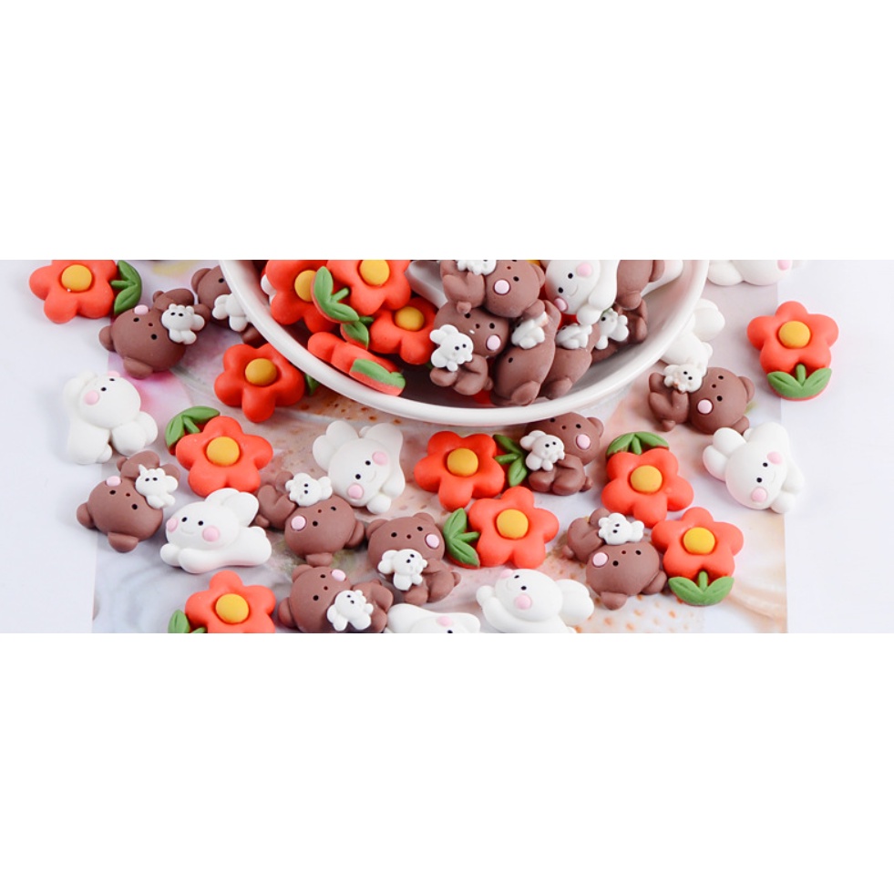 Charm gấu nâu, thỏ trắng, thỏ hồng và cây hoa nhỏ trang trí kẹp tóc, dán Jibbitz, vỏ ốp điện thoại, DIY
