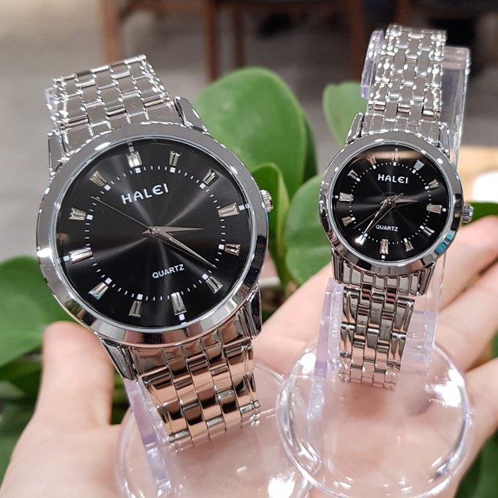 Đồng hồ cặp đôi nam nữ Halei mặt đen dây da kim loại chính hãng Tony Watch 68