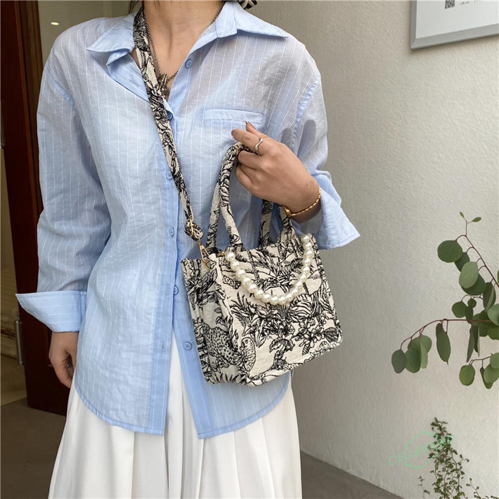 Vintage Women Canvas Print Messenger Bag Casual Pearl Top-handle Handbags