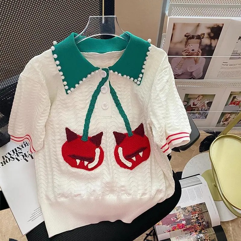 Áo thun ZHELIHANGFEI polo dệt kim thêu họa tiết ác quỷ / cherry phối màu sắc ngọc trai xinh xắn