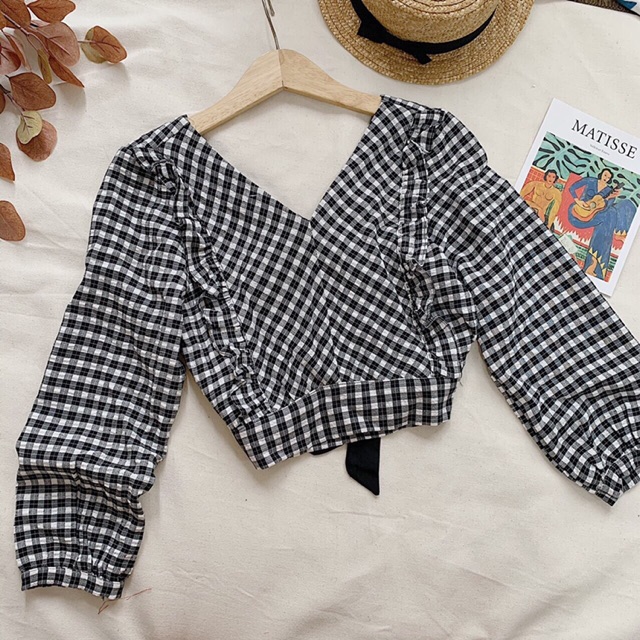 ÁO CROP CARO CỔ V VIỀN BÈO