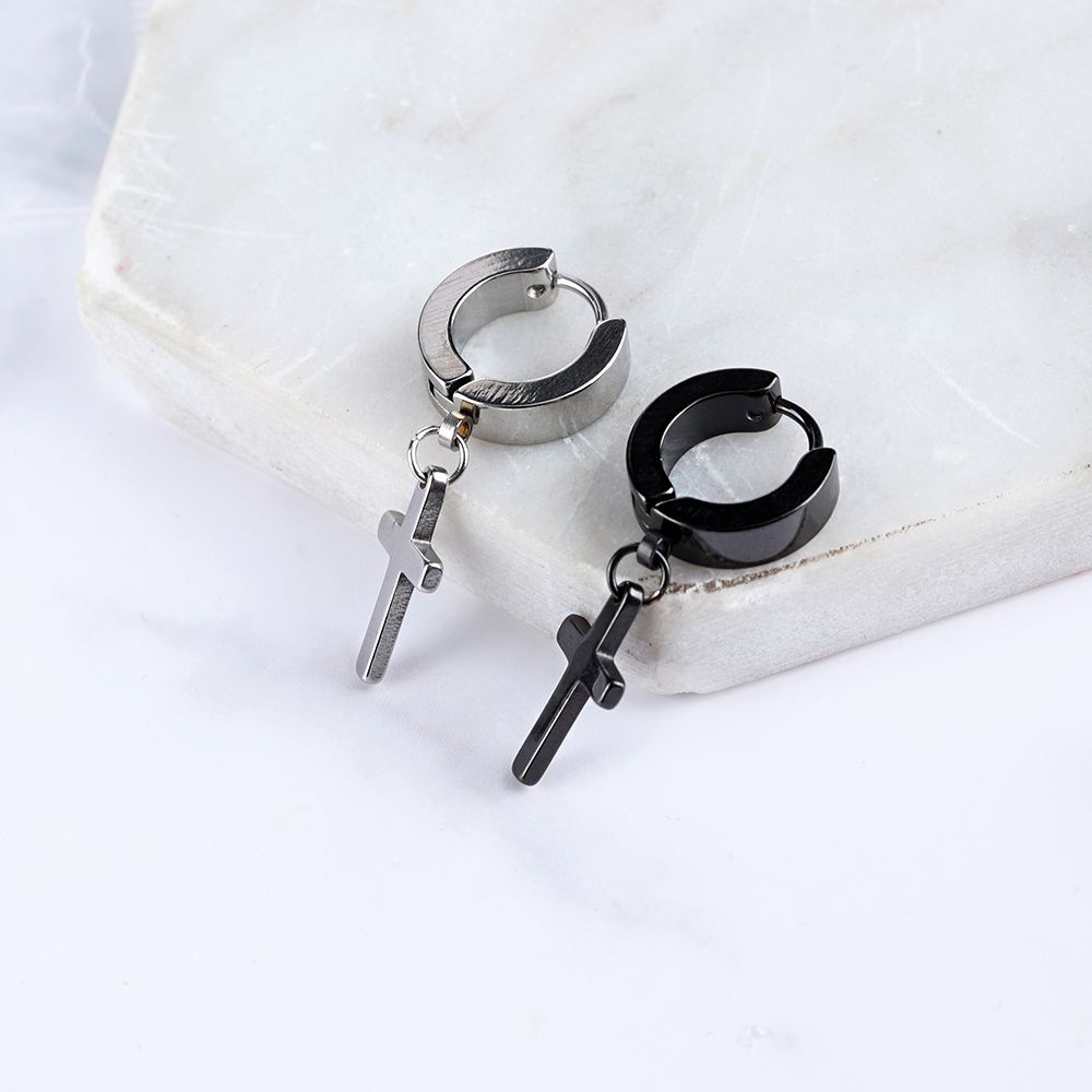 1 Khuyên Tai Tròn Bằng Thép Không Gỉ Hình Thánh Giá Phong Cách Gothic Punk