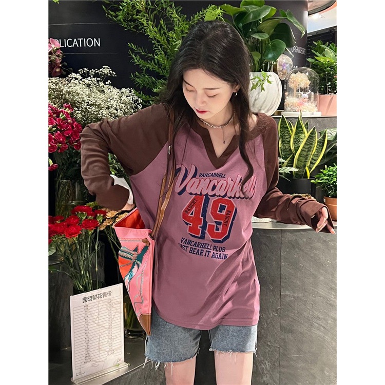 Jiashucheng Áo Thun Tay Dài Màu Sắc Tương Phản Thời Trang Mùa Thu Phong Cách Hàn Quốc Cho Nữ Có Size Lớn