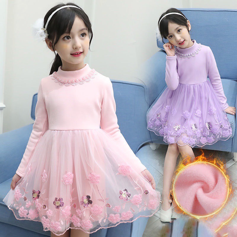 Váy len xoè phối ren lót trần bông thêu hoa cho bé gái (Cao từ 110-160cm, nặng 14-40kg) N01002
