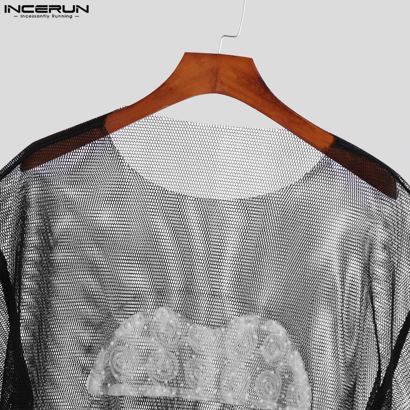 Áo thun INCERUN ngắn tay phối ren xuyên thấu họa tiết đôi môi quyến rũ cho nam