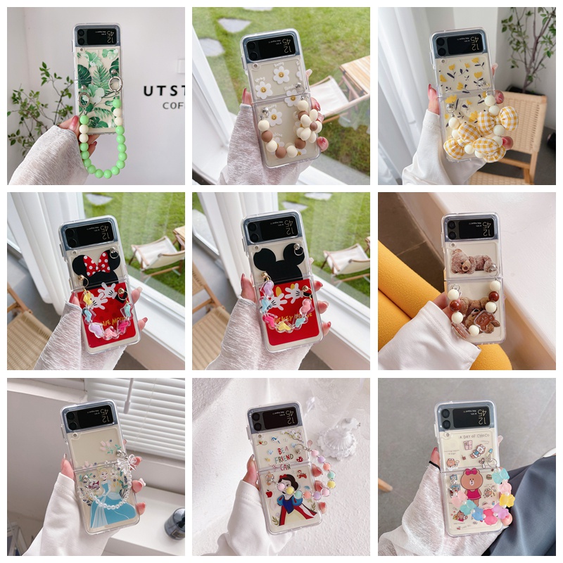 Ốp Điện Thoại PC Cứng Trong Suốt Chống Sốc Kèm Dây Đeo Hình Hoa Hoạt Hình Cho Samsung Galaxy Z Flip 3 5G