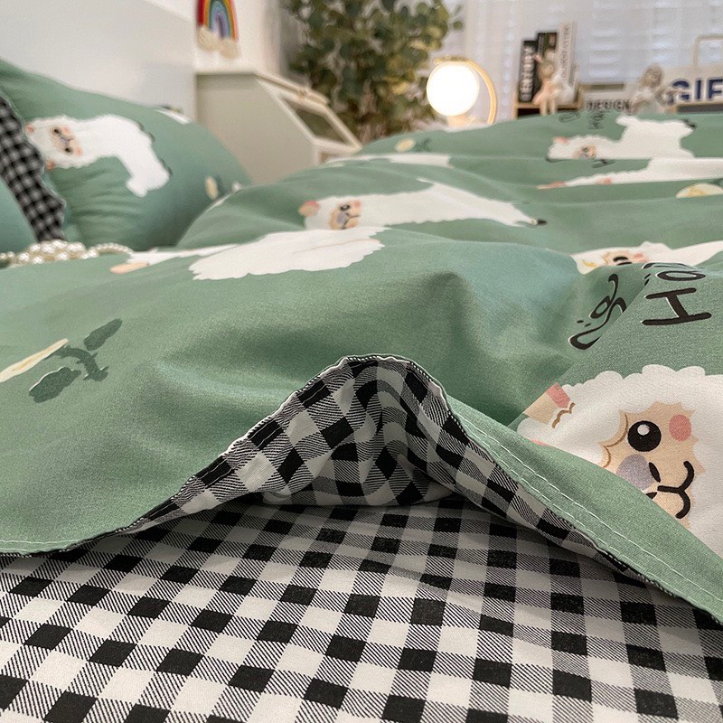 Bộ chăn ga gối Cotton poly M2T bedding, vỏ chăn mền, drap ga giường và 2 vỏ gối nằm - Pl Cừu xanh