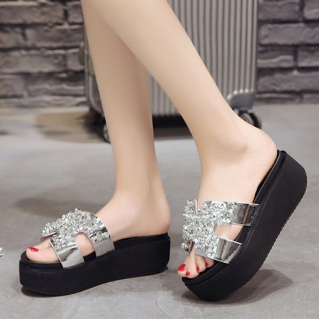 Dép Đế Xuồng Nữ Cao Gót Quai Ngang Chữ H Đính Đá Cườm Cao 6Cm