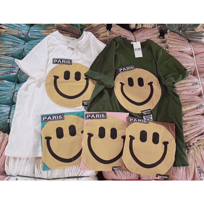 Áo phông tay lỡ hình mặt cười, áo thun form rộng cotton 3158