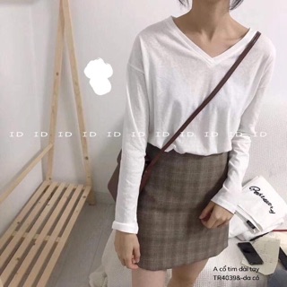 Áo thun trơn cổ tim dài tay -TR
