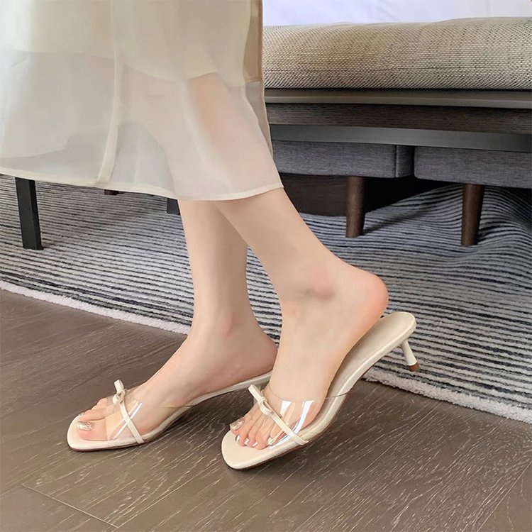 Dép Sandal Cao Gót Trong Suốt Mũi Vuông Thắt Nơ Thời Trang Mùa Hè Cho Nữ