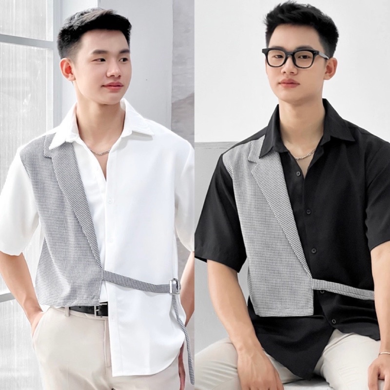Áo Sơ Mi Tay Ngắn Nam Trắng/Đen Phối Vest Đen Premium Unisex Chất Vải Dày Đẹp Mr Smile 99 Shop
