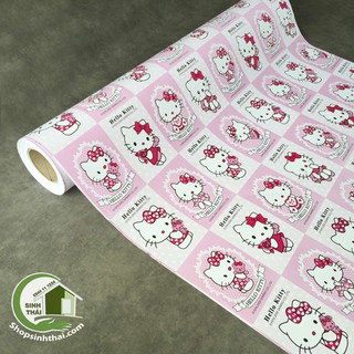 Giấy dán tường hello kitty màu hồng có ô vuông - [ 50cm x khổ 90cm ] có sẵn keo