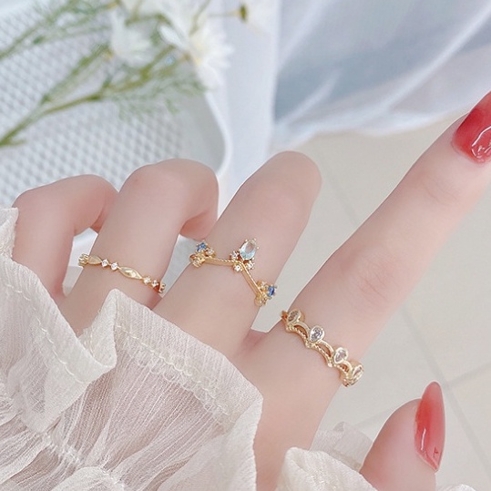 Nhẫn Hở Mạ Vàng 18k Hình Vương Miện Đính Đá Đơn Giản Cho Nữ