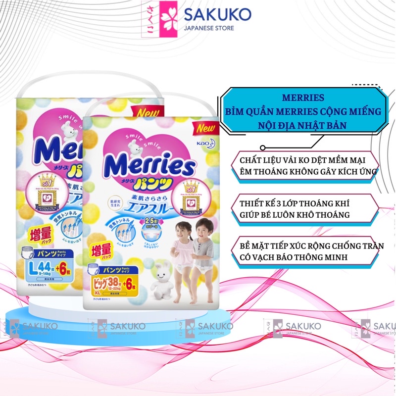Tả Merries, Tã Quần Merries, Bỉm Quần Merries Nội Địa Nhật Thấm Hút Nhanh M58/L44/XL38/XXL26+6 - SAKUKO