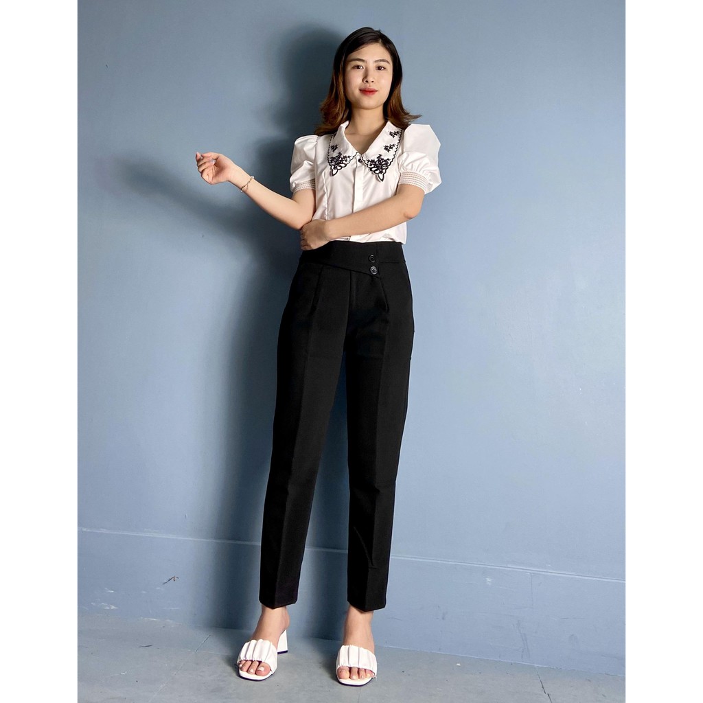Quần baggy 2 cúc vạt lệch khóa sườn