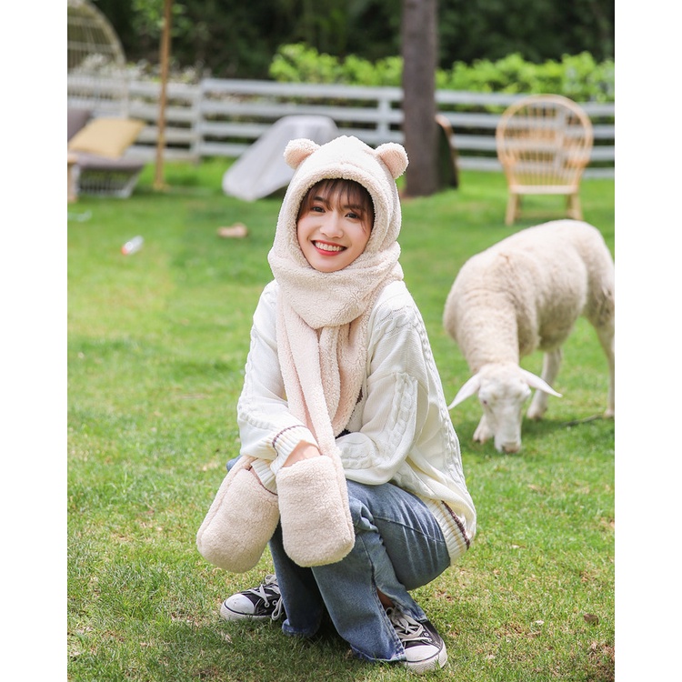 Mũ Len Tai Gấu Trùm Đầu Kèm Khăn Và Bao Tai 3 Trong 1 Siêu Xinh Jussy Kiểu Dáng Mũ Lông Cừu Dày Mịn Ấm Áp