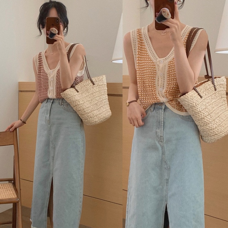Áo Croptop Dệt Kim Sát Nách Cài Nút Phía Trước Cho Nữ