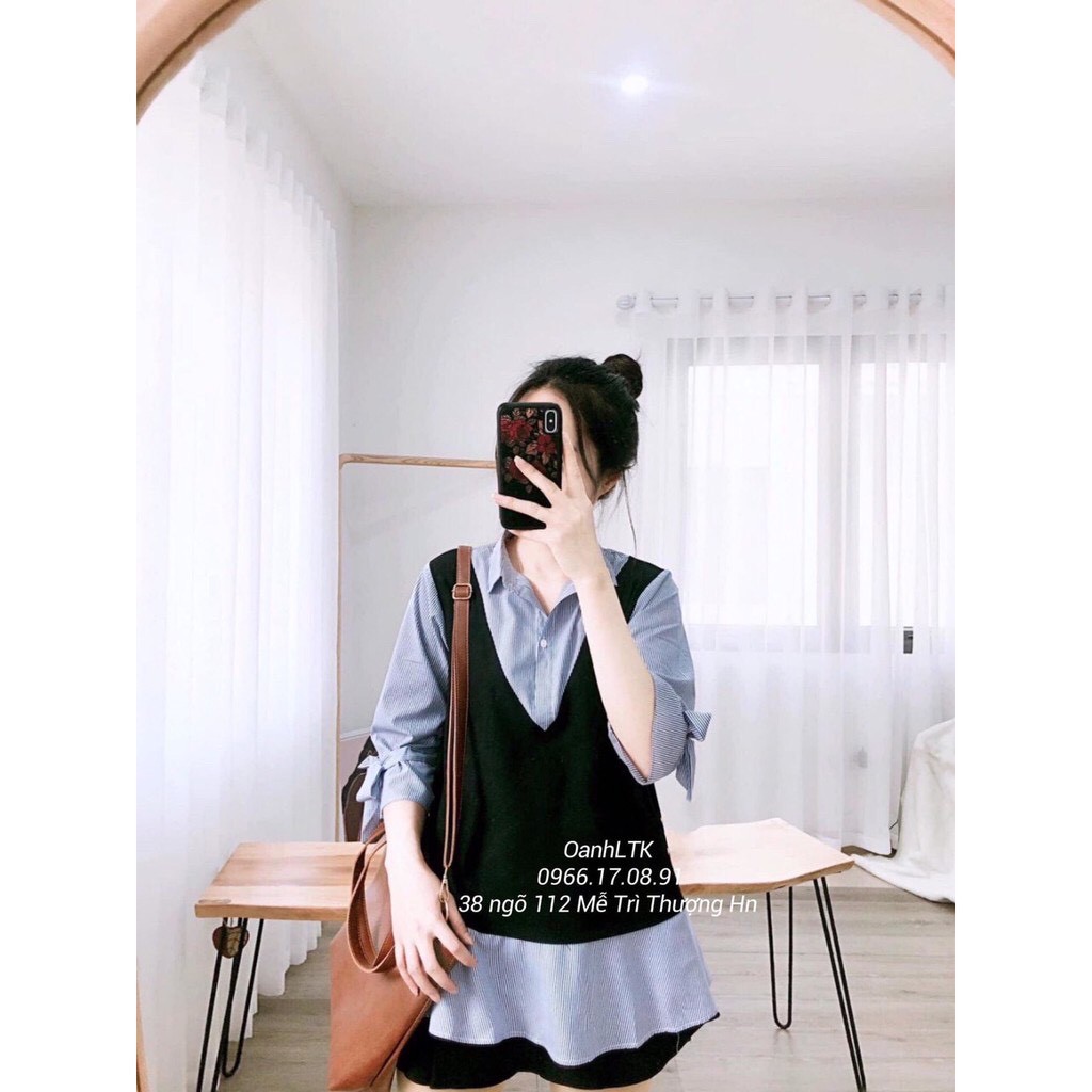 Áo bầu SƠ MI PHỐI GIẢ YÊM thắt nơ siêu sinh mặc đi làm đi chơi AD09