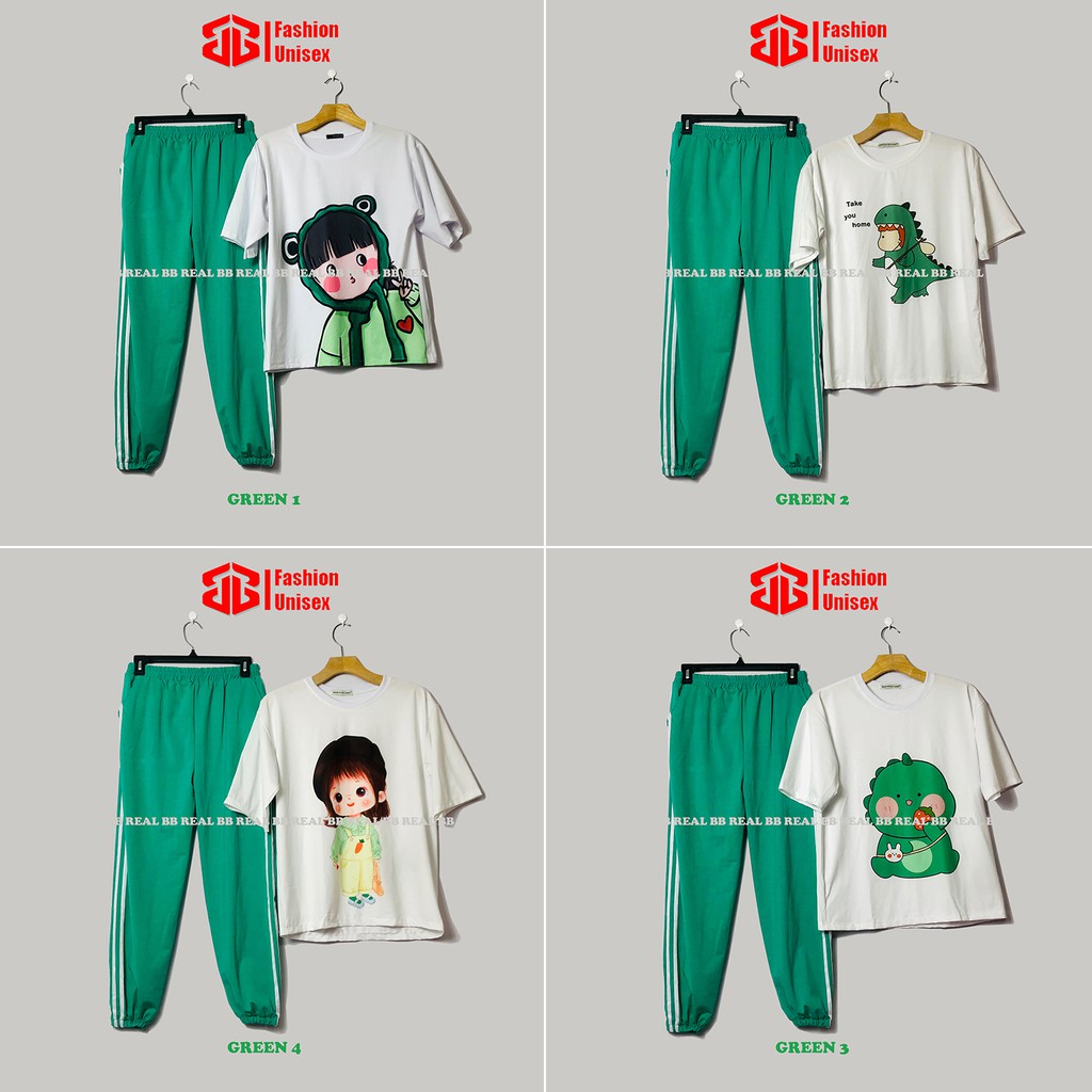 ĐỒ BỘ NỮ THUN SỌC - (Nhiều Mẫu) QUẦN XANH LÁ, ÁO CARTOON From Rộng Unisex , THOÁNG MÁT, DƯỚI 65KG - BB REAL