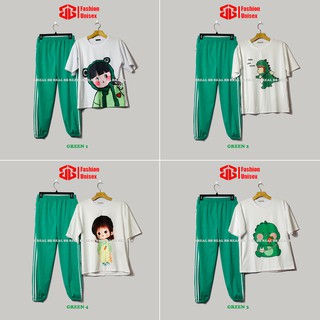 ĐỒ BỘ NỮ THUN SỌC - (Nhiều Mẫu) QUẦN XANH LÁ, ÁO CARTOON From Rộng Unisex , THOÁNG MÁT, DƯỚI 65KG - BB REAL