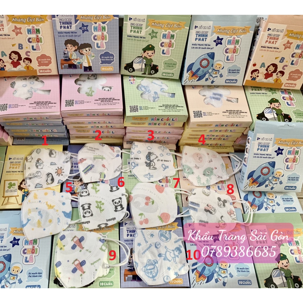 Khẩu trang cho bé MẦM CHỒI LÁ 3 lớp kháng khuẩn 10 cái/ hộp - 10 cái khẩu trang CỎ BA LÁ cho bé Thịnh Phát 3-6 tuổi