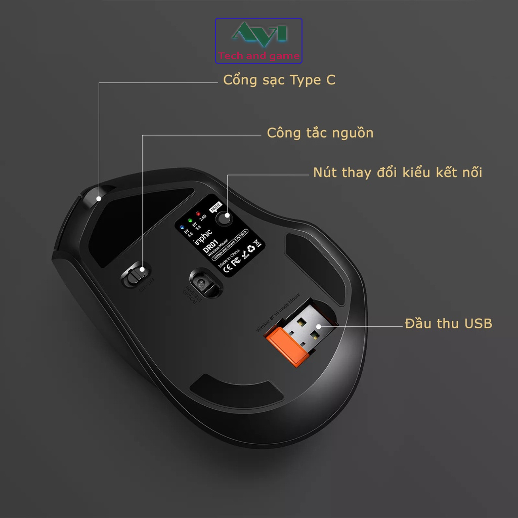 Chuột không dây Bluetooth Pin sạc INPHIC DR1 chống ồn 1600DPI cho máy tính - Hàng Chính Hãng