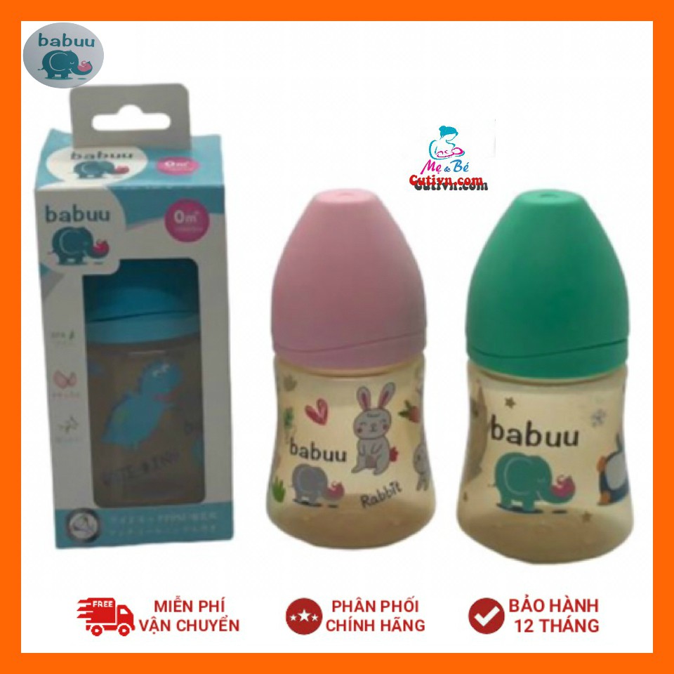 Bình sữa cổ rộng nắp sóng Babuu Baby nhựa PPSU không chứa BPA Nhật bản (tặng kèm 1 núm ti thay thế) 90ml,160ml,240ml