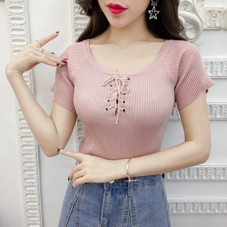 【NEW】Women Blouse Knitted T-Shirt Cross Tie Tshirt Blouse | BigBuy360 - bigbuy360.vn
