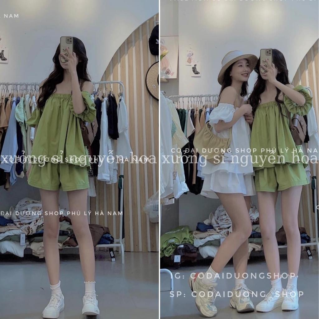 Sét bộ áo trễ vai tay bồng kèm quần sooc đùi 2 màu trắng xanh bơ siêu xinh chất đũi xước xịn chuẩn ảnh