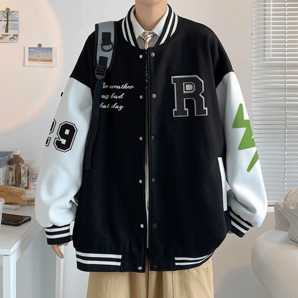 ÁO KHOÁC BOMBER NAM HỌA TIẾT CHỮ R TIA SÉT CÁNH TAY THỜI TRANG CÁ TÍNH SÀNH ĐIỆU