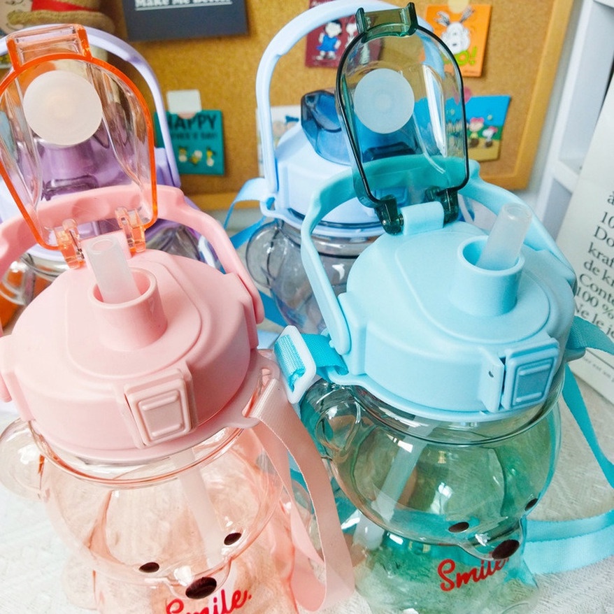 Bình nước gấu SMILE siêu đáng yêu kute dung tích 1000ML có dây đeo tiện ích kèm sticker