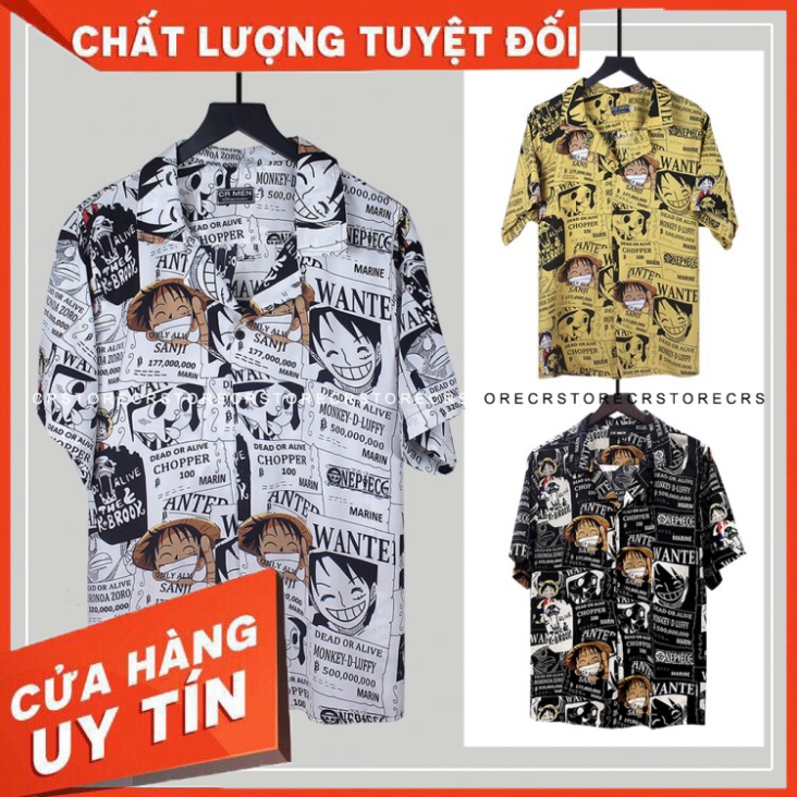 Áo Sơ Mi Tay Lỡ Cổ Vest CR MEN Mnkey D. Luffy ONE-PIECE form rộng unisex nam nữ vải lụa trắng đen vàng - Hàng nhập khẩu