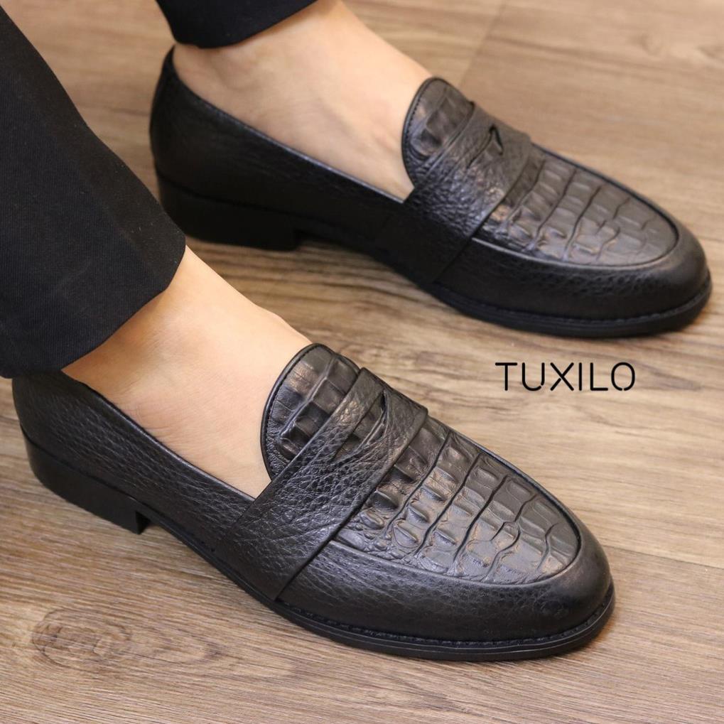 🐐 Giày nam công sở da thật loafer TUXILO giày tây lười nam da bò dập vân cá sấu có dai TX37