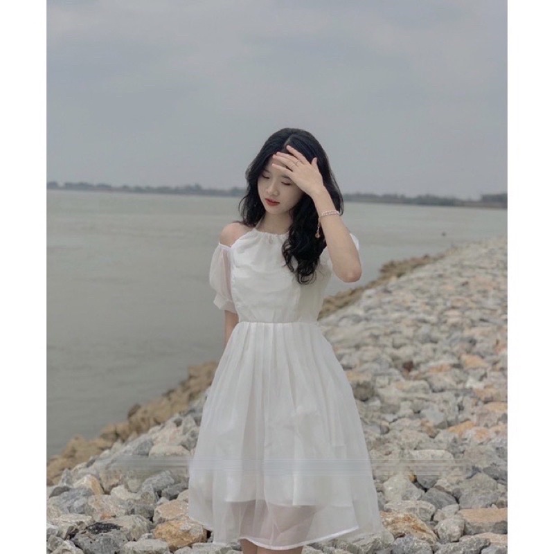 Váy trễ vai dây cổ yếm chất mềm mịn hàng 2 lớp HOTTREND - Đầm nữ trắng vintage tiểu thư công chúa