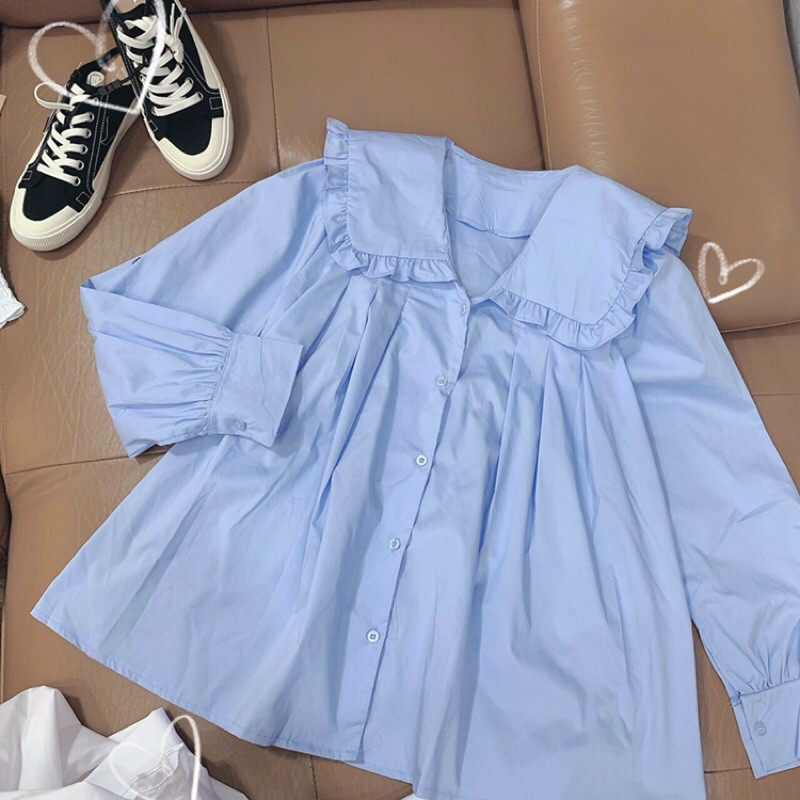 Áo sơmi babydoll cổ sen bèo tay phồng trắng xanh