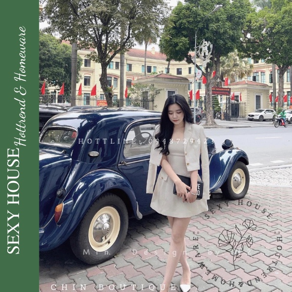 Set áo khoác dạ blazer túi ngọc kèm váy dạ hai dây siêu sang S222 SEXYHOUSE