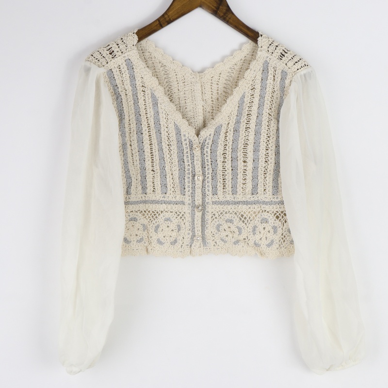 Áo Sơ Mi Chiffon Tay Dài Phồng Cổ Chữ V Họa Tiết Kẻ Sọc / Hoa Thời Trang Cho Nữ