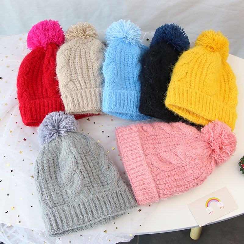 Mũ beanie dệt kim màu trơn đính bóng lông nhiều màu sắc thời trang thu đông cho bé