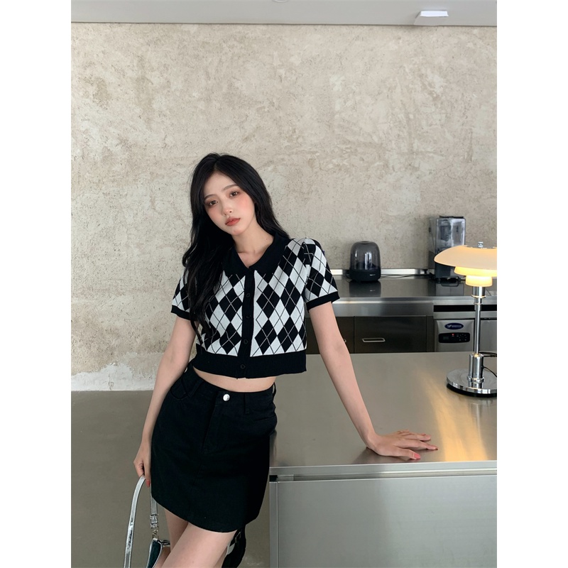 Cocory vn Áo Cardigan Dệt Kim Tay Ngắn Cổ Bẻ Kẻ Sọc Phong Cách Hàn Quốc Cho Phụ Nữ