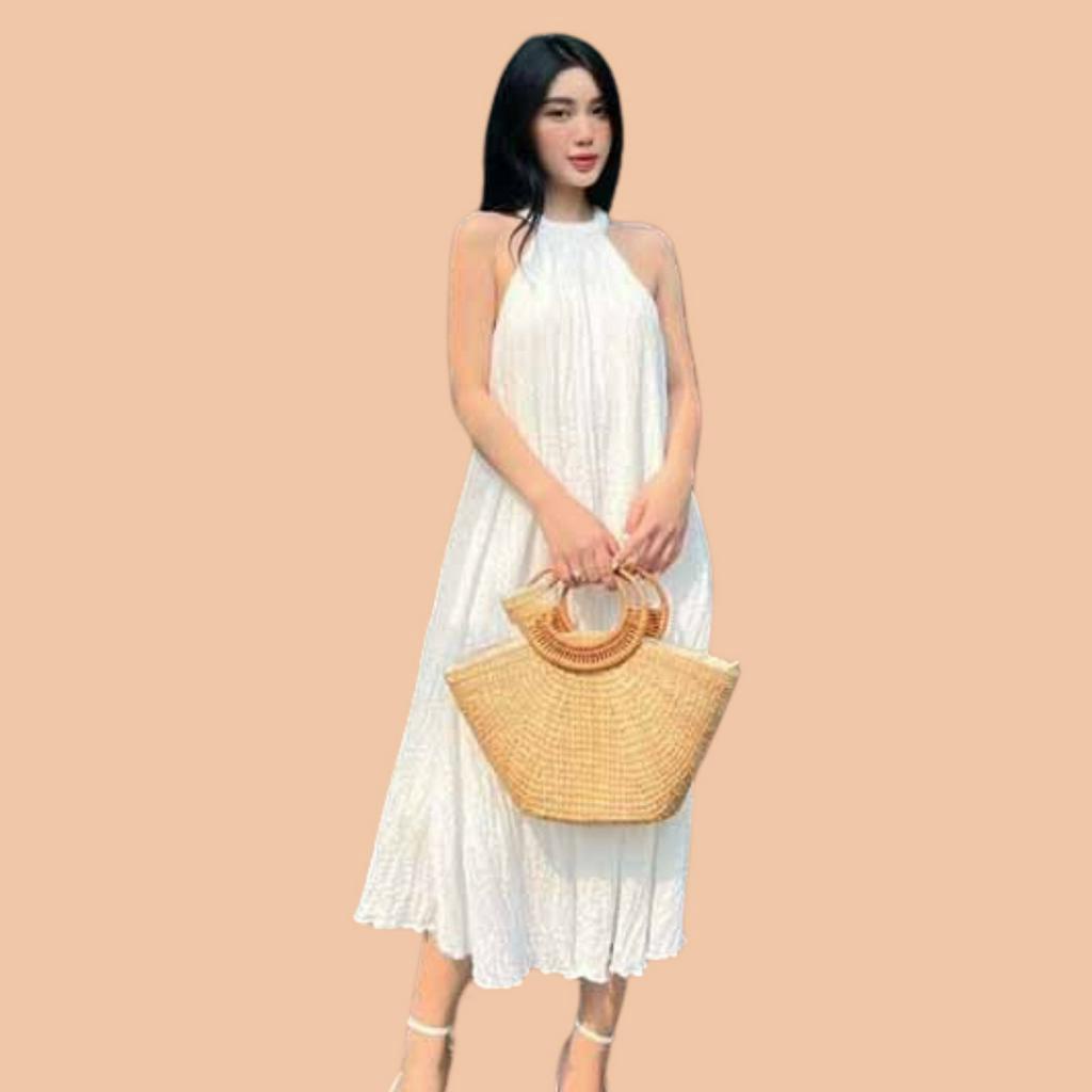 Đầm đũi xốp cổ yếm xinh xắn dáng xuông xoè mặc thoải mái  + Váy dự tiệc đẹp màu xanh bơ, vàng, hồng, hồng tím g5.shop