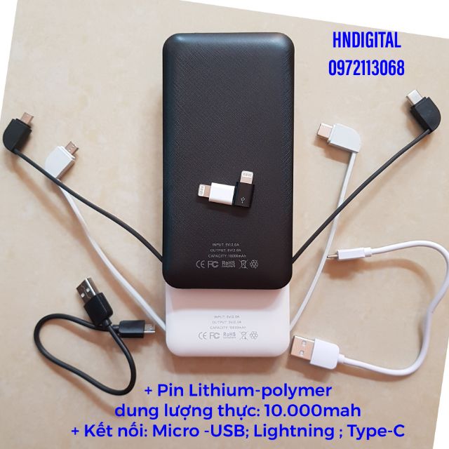 Pin sạc dự phòng 10000mah công nghệ Lithium - polymer, có sẵn cổng kết nối cho Android, IPhone