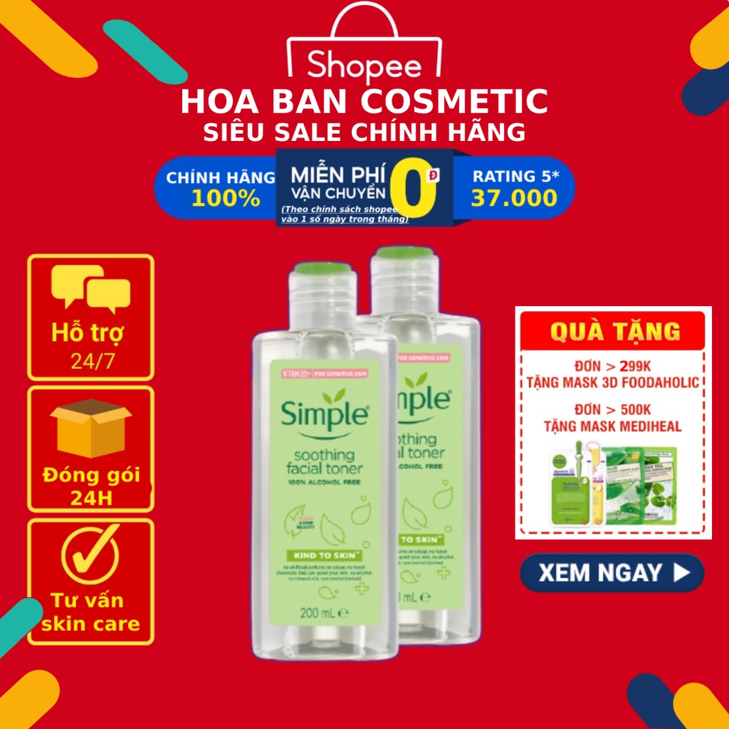 NƯỚC HOA HỒNG SIMPLE Toner 200ml - làm dịu và cân bằng độ ẩm cho da - lành tính không chứa cồn - Hoa Ban Cosmetic