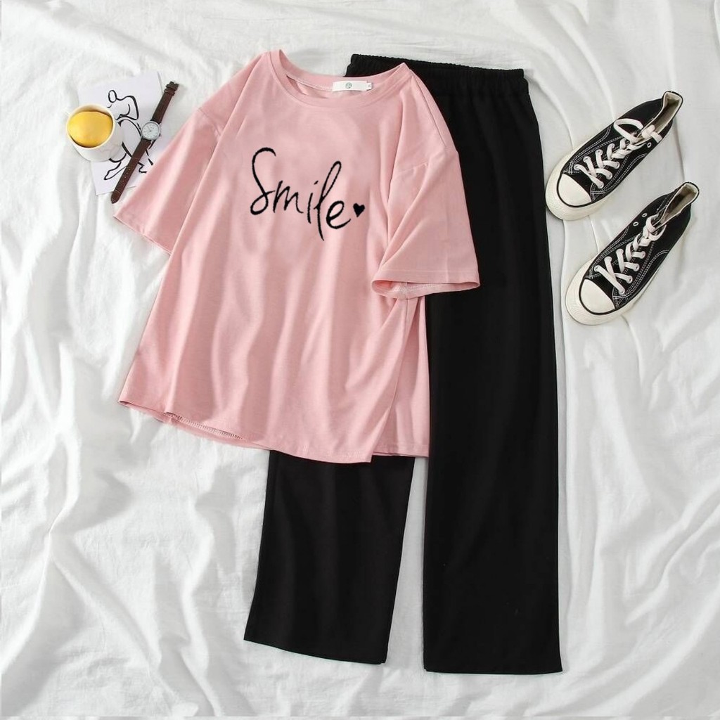 Sét bộ áo thun smile + quần ống rộng nhe